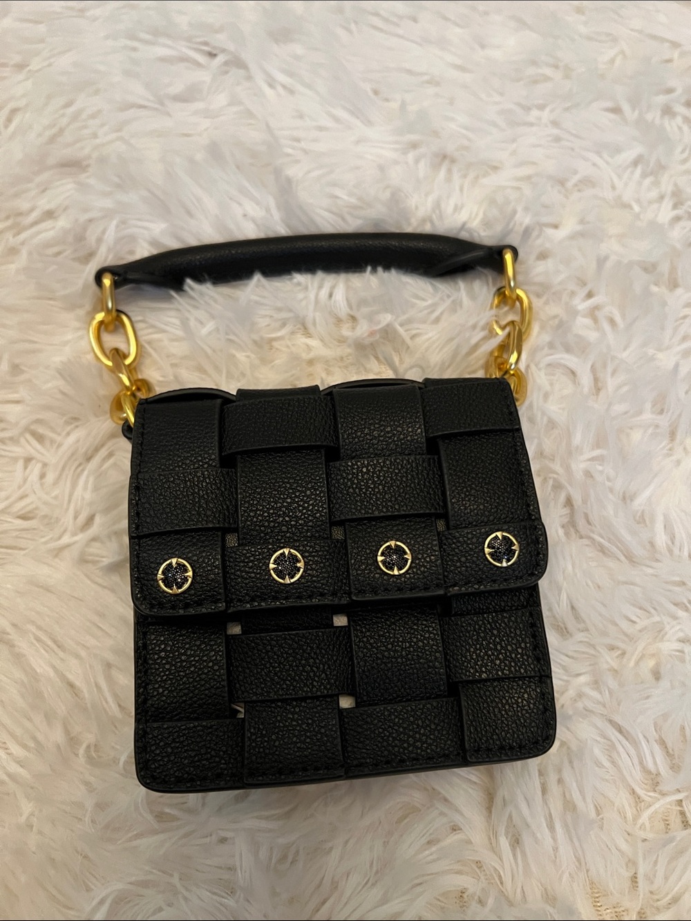 Black Woven Mini Top-Handle Bag with Gold Hardware